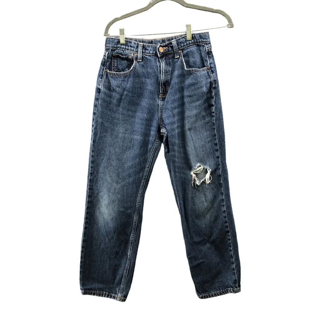 Uniqlo Girls Size 14 Slouchy Straight High Rise Jeans Distressed Blue‎ Youth